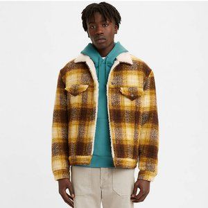 Levi's Premium Sherpa Trucker Jacket in Mustard Yellow Plaid and Brown